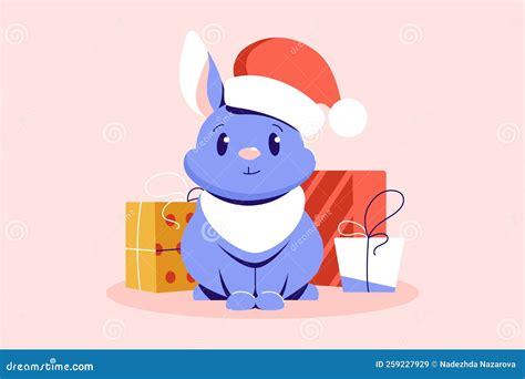 Cute Christmas Rabbit In Santa Hat With Gift Boxes Vector Of Cartoon