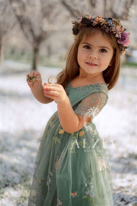 Sage Green Floral Embroidered Tulle Flower Girl Dress Easter Etsy