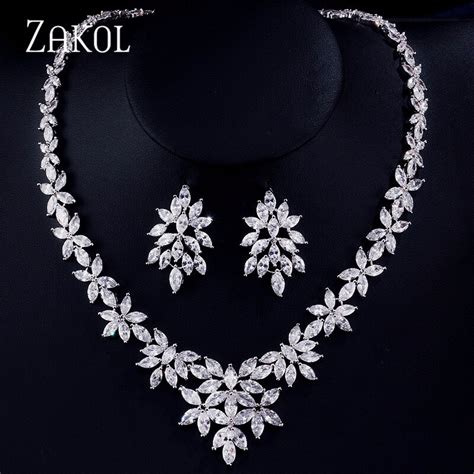 Zakol Elegant Bridal Wedding Jewelry Sets For Women Cubic Zirconia Leaf Earrings Necklace Sets