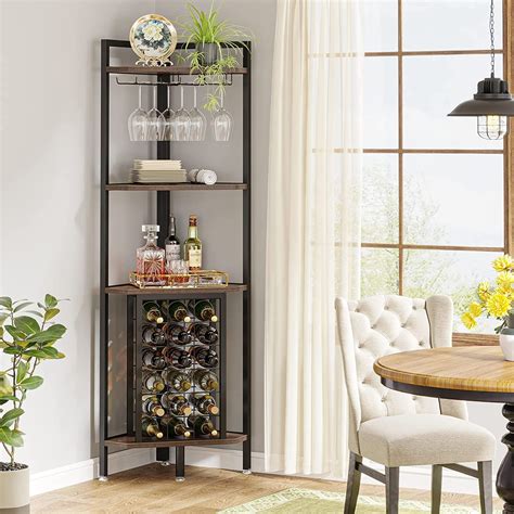 4 Tier Corner Wine Rack With Glass Holder Storage Shelves Corner