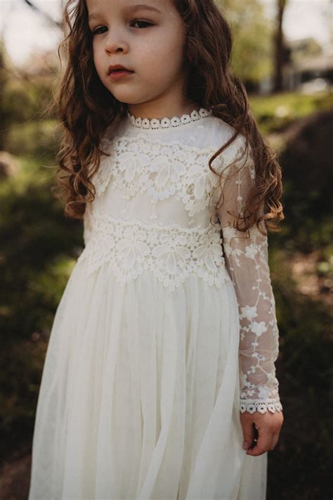 Bohemian Lace Flower Girl Dress Rustic Ivory Tulle Wedding Dress