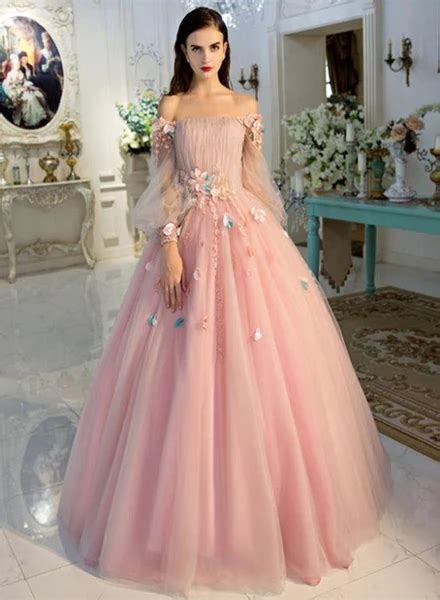 Pink Flowers Puffy Sleeves Tulle Long Party Dress Ball Gown Pink Swee