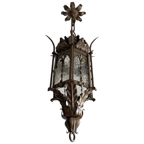 Gothic Revival Medieval Style Good Size Wrought Iron And Cathedral Glass Lantern At 1stdibs