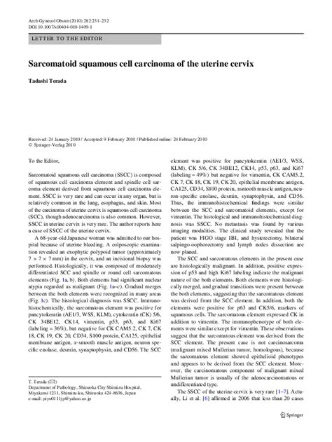 Pdf Sarcomatoid Squamous Cell Carcinoma Of Uterine Cervix Pathology