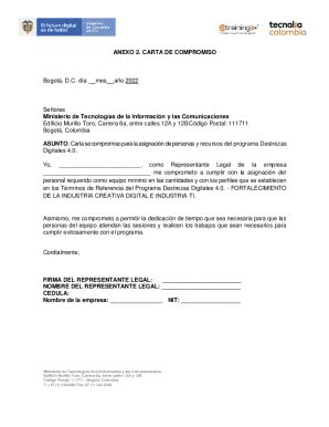 Completable En línea ANEXO 2 CARTA DE COMPROMISO Bogot D C da Fax