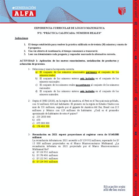 Práctica Calificada N 2 EXPERIENCIA CURRICULAR DE LÓGICO MATEMÁTICA