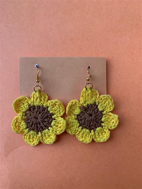 Crochet Sunflower Earrings Large Etsy