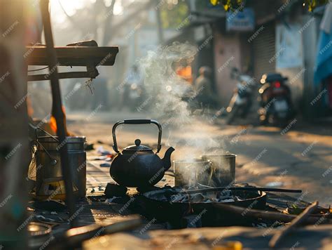 Premium Photo Indian Street Chai Setup Kettle Over Coal Morning Ritual