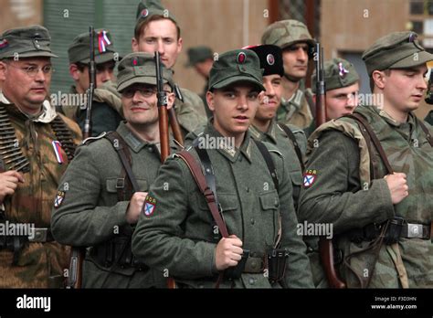 Reenactors uniformed as soldiers of the Russian Liberation Army (ROA ...