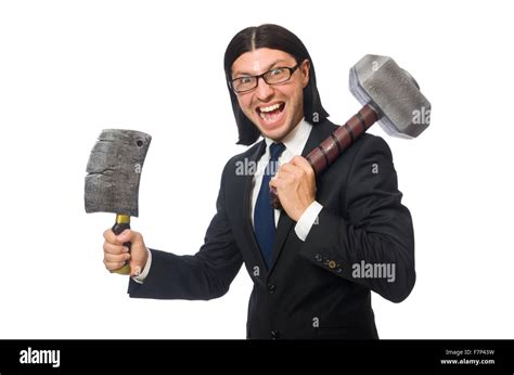 Handsome Businessman Holding Hammer Isolated On White Stock Photo Alamy