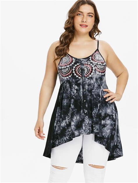 Gamiss Plus Size 5xl Tie Dye High Low Tank Top Button Spaghetti Strap