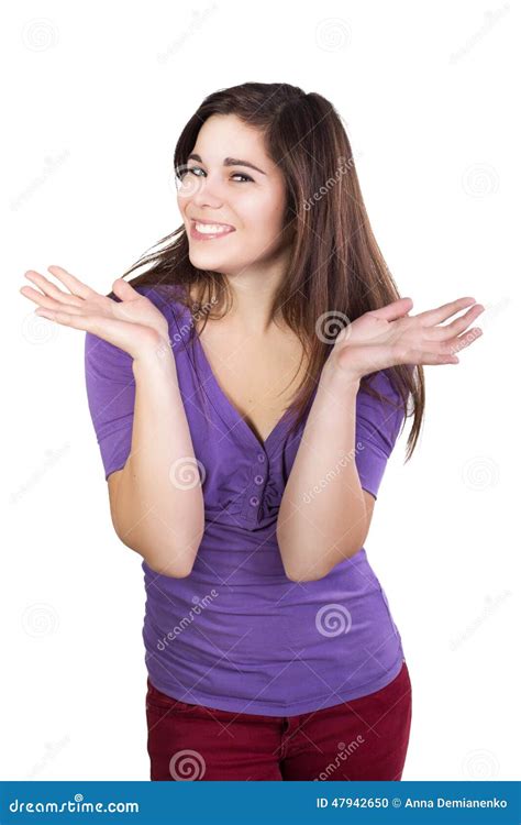 Brunette Woman Spread Her Hands Happily Stock Photo Image Of Pleased Hands 47942650
