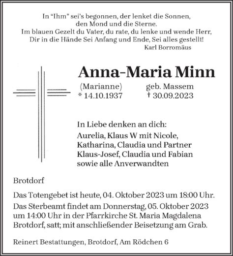 Traueranzeigen Von Anna Maria Minn Saarbruecker Zeitung Trauer De