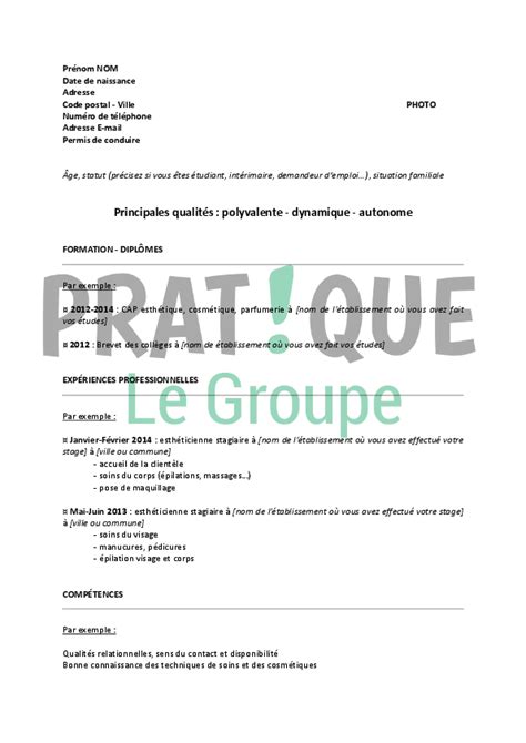 Modèle de CV pour un BP esthétique Pratique fr