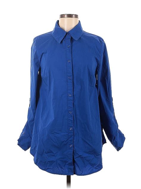 New York And Company Solid Blue Long Sleeve Button Down Shirt Size M 62