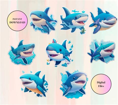 Cute Shark Sticker Bundle Cute Shark Png Cute Shark Digital Printable Cute Shark High