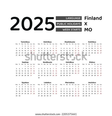 Finland Calendar 2025 Week Starts Monday Stock Vector (Royalty Free