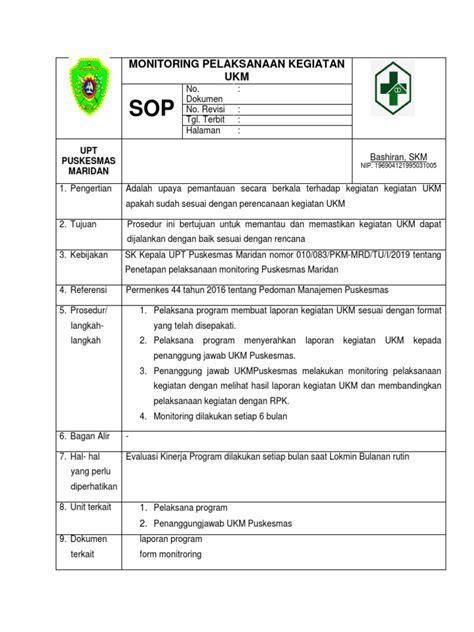 Sop Monitoring Pelaksanaan Kegiatan Ukm Pdf