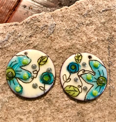 Copper Enameled Earring Charms Components With Hand Painted Flowers By