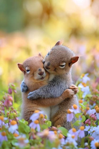 Premium Photo | Two small animals that are hugging each other in the grass