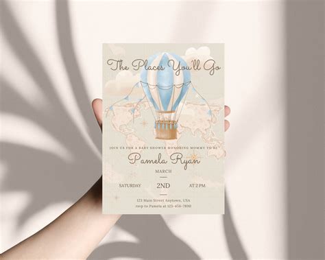 Adventure Awaits Baby Shower Invitation Template Places You Ll Go Theme Hot Air Balloon Editable