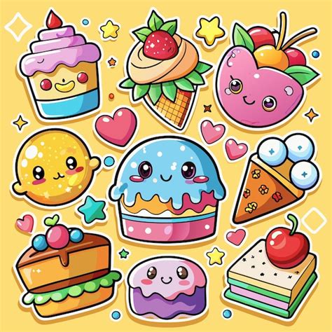 Cute Cartoon Dessert Stickers With A Yellow Background Premium Ai