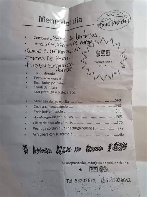 Carta del restaurante Nana Pancha Ciudad del México Calle Rafael