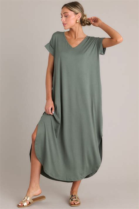 Olive Green Maxi T-Shirt Dress - Casual Dresses | Red Dress