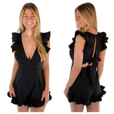 Ruffle Tie Back Romper Black Black Romper Rompers Party Rompers