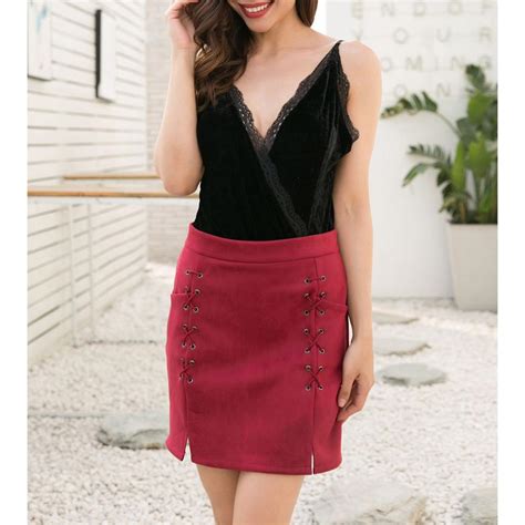 Missky Women Skirt Faux Suede Skirt Lace Up A Line Short Skirt Solid