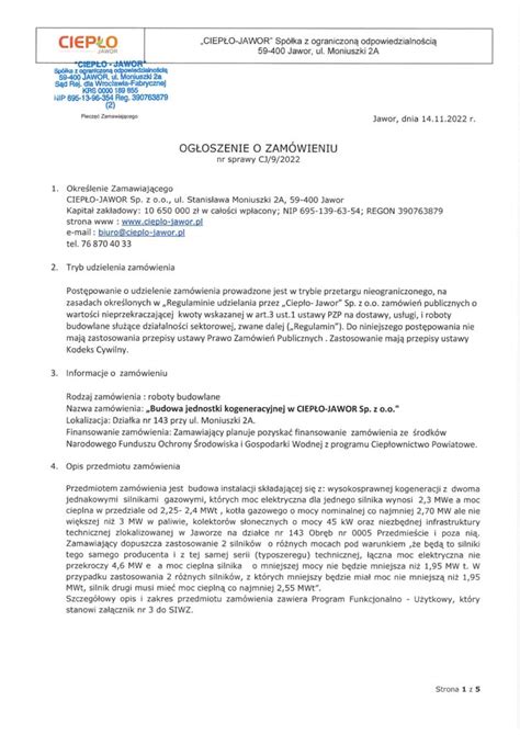 CJ 9 2022 Ogłoszenia przetargowego Budowa jednostki kogeneracyjnej