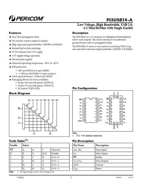 Pi3usb14 A Datasheet Pericom Semiconductor Corporation