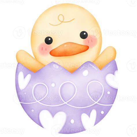 Cute Baby Duck Hatching From Pink Easter Egg Colorful Watercolor