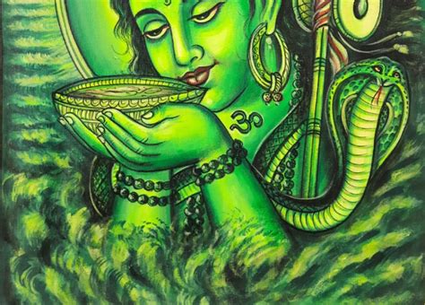 Green Shiva Drinking Poison Painting On Canvas International Indian