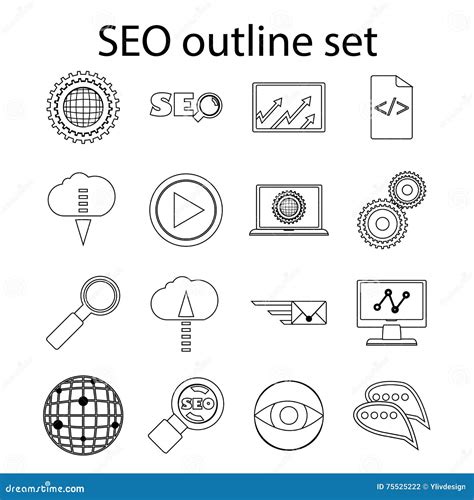 Iconos De SEO Fijados En Estilo Del Esquema Ilustración del Vector