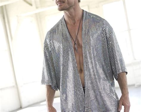 Disco Ball Silver Mens Kimono Iridescent Holographic Festival Clothing