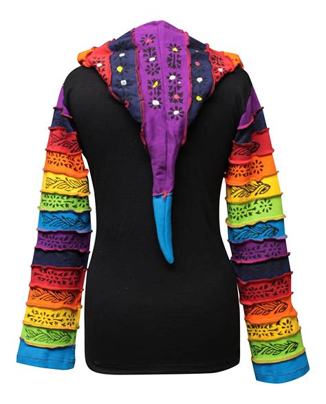 Shopoholic Fashion Women Patchwork Pixie Hood Rainbow Pattern Jacket