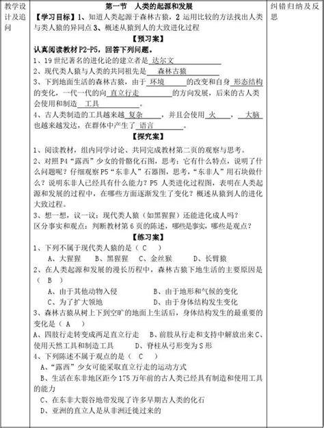 七年级生物下册 第一章 第一节 人的起源和发展导学案 新版新人教版word文档在线阅读与下载无忧文档