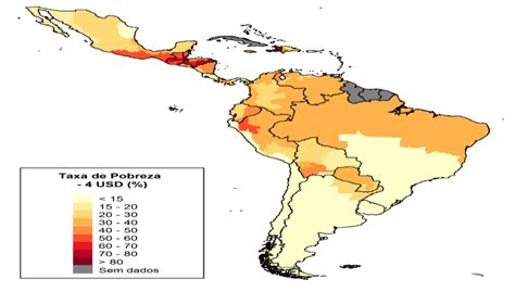 Mapa da proporção de pobres na América Latina em linha de