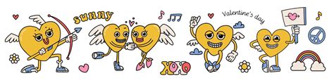 Groovy Lovely Yellow Hearts Characters Set Hippie Love Concept Happy