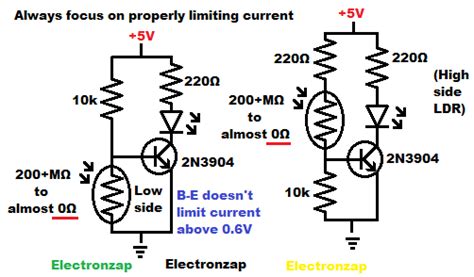 Light controlled NPN BJT switch - LDR high and low side - Electronzap