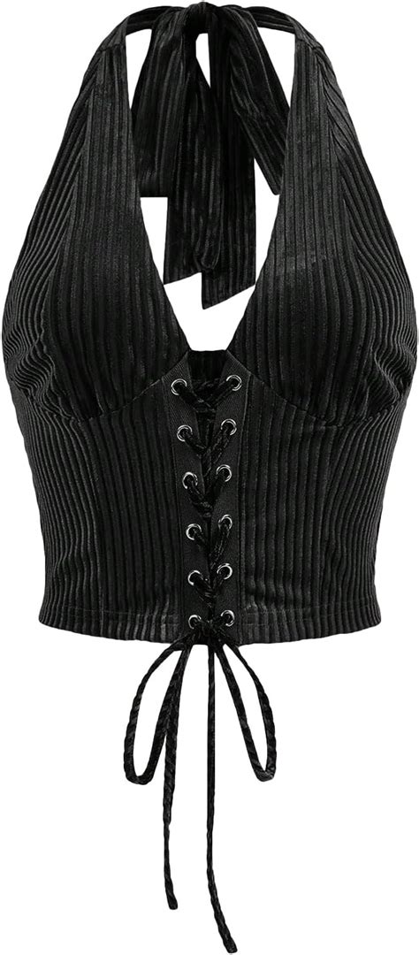 Verdusa Women S Sleeveless Halter Neck Lace Up Front Tie Back Crop Top