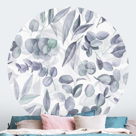 Papier peint rond autocollant Blue Watercolor Eucalyptus Leaves Ø 50cm