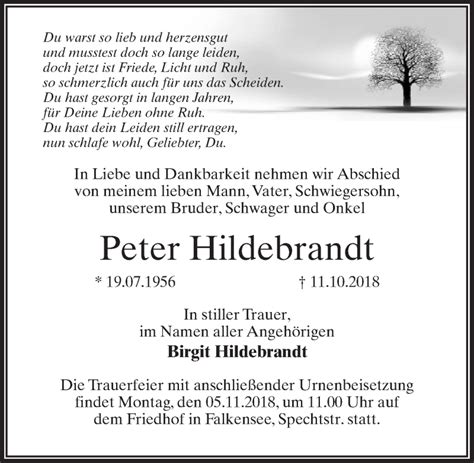 Traueranzeigen Von Peter Hildebrandt Trauer Anzeigen De