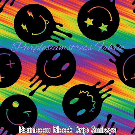 Rainbow Black Drip Smileys Purpleseamstress Fabric