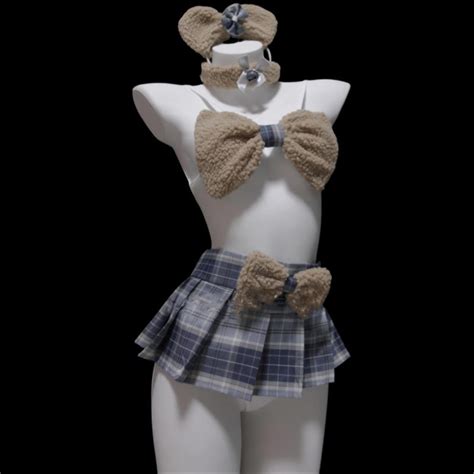 Plush Bow Plaid Bikini Lingerie Set Inheadset2