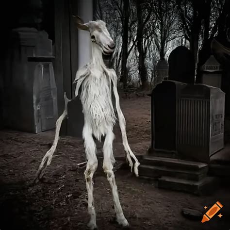Unnaturally tall goat-human hybrid in a graveyard at daybreak on Craiyon