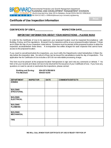 Fillable Online Broward County Certificate Of Use Inspection Form