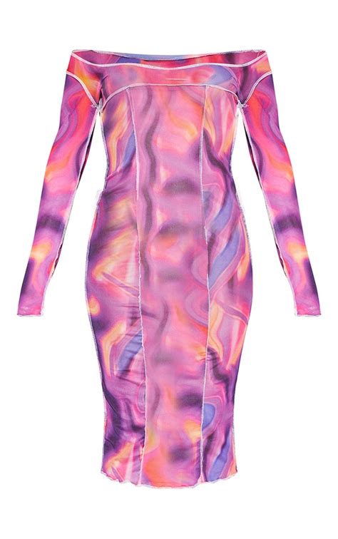 Pink Abstract Mesh Exposed Long Sleeve Midi Dress Prettylittlething Usa