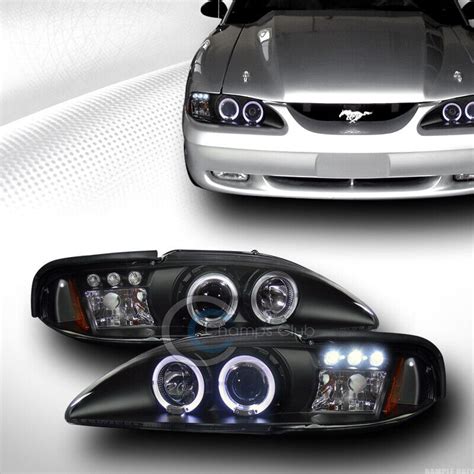 Fits 94 98 Ford Mustang Blk LED Halo Projector Head Lights Corner